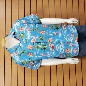 SSLR Hawaiian Shirt Men’s Large Flamingo Palm Tree Ocean Print Blue